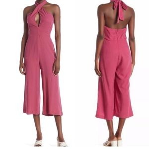 Line & Dot Fuschia Crossover Tie Neck Wide Leg Cropped Anna Jumpsuit